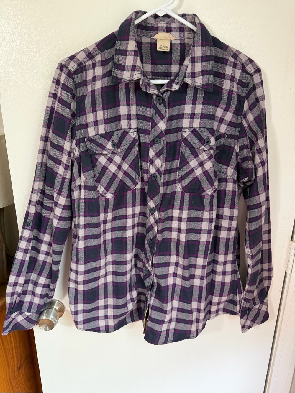 Duluth Trading Co Women’s Purple and Gray Plaid Button-Down Shirt